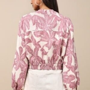 Lulus Signey Light Beige and Mauve Pink Floral Bomber Jacket